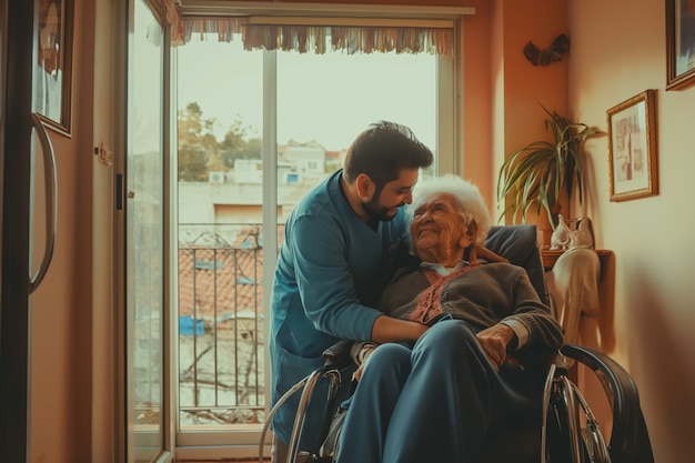 Young caregiver comforting a smiling elderly woman in a wheelchair at home.