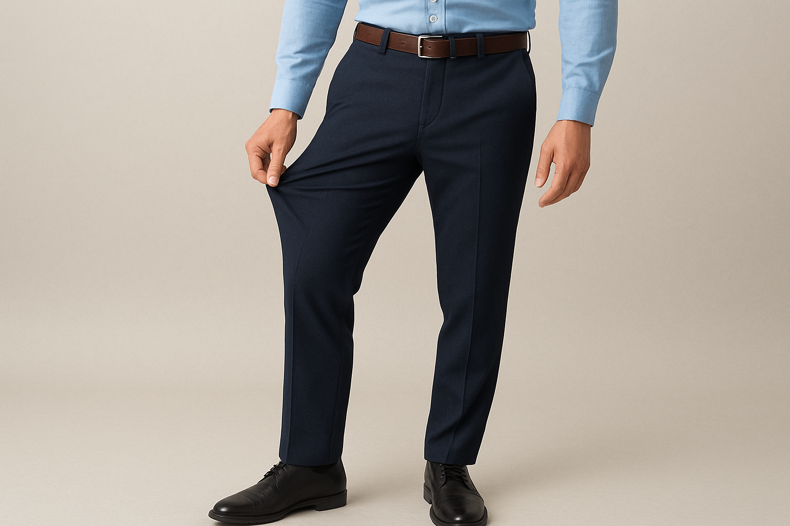 Man wearing navy blue stretch dress pants, light blue shirt, and black shoes, pulling fabric to show pants' flexibility and comfort.