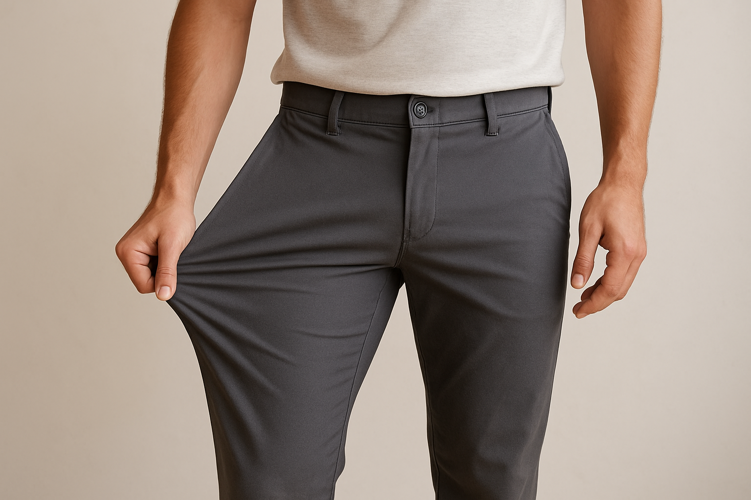 Man wearing dark gray stretchable pants and a light beige t-shirt, demonstrating fabric flexibility by pulling the side.