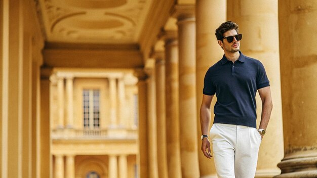 Stylish man wearing a navy polo and white trousers, walking confidently through a classic columned architectural setting.