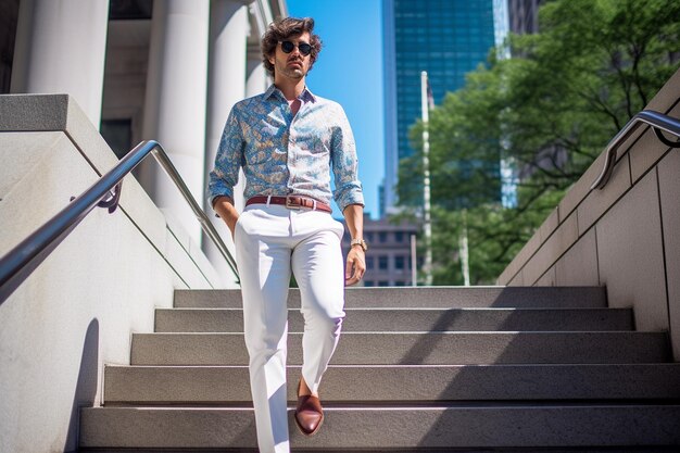 Man in patterned shirt and white pants walks down city steps, wearing loafers and sunglasses on a sunny day.